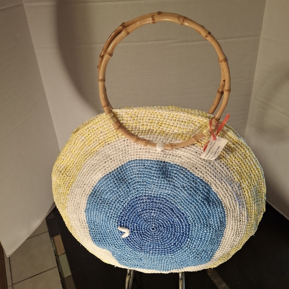 Handmade Round Concentric Circles Plastic Weave Bamboo Handles Large Purse Bag - Picture 4 of 16